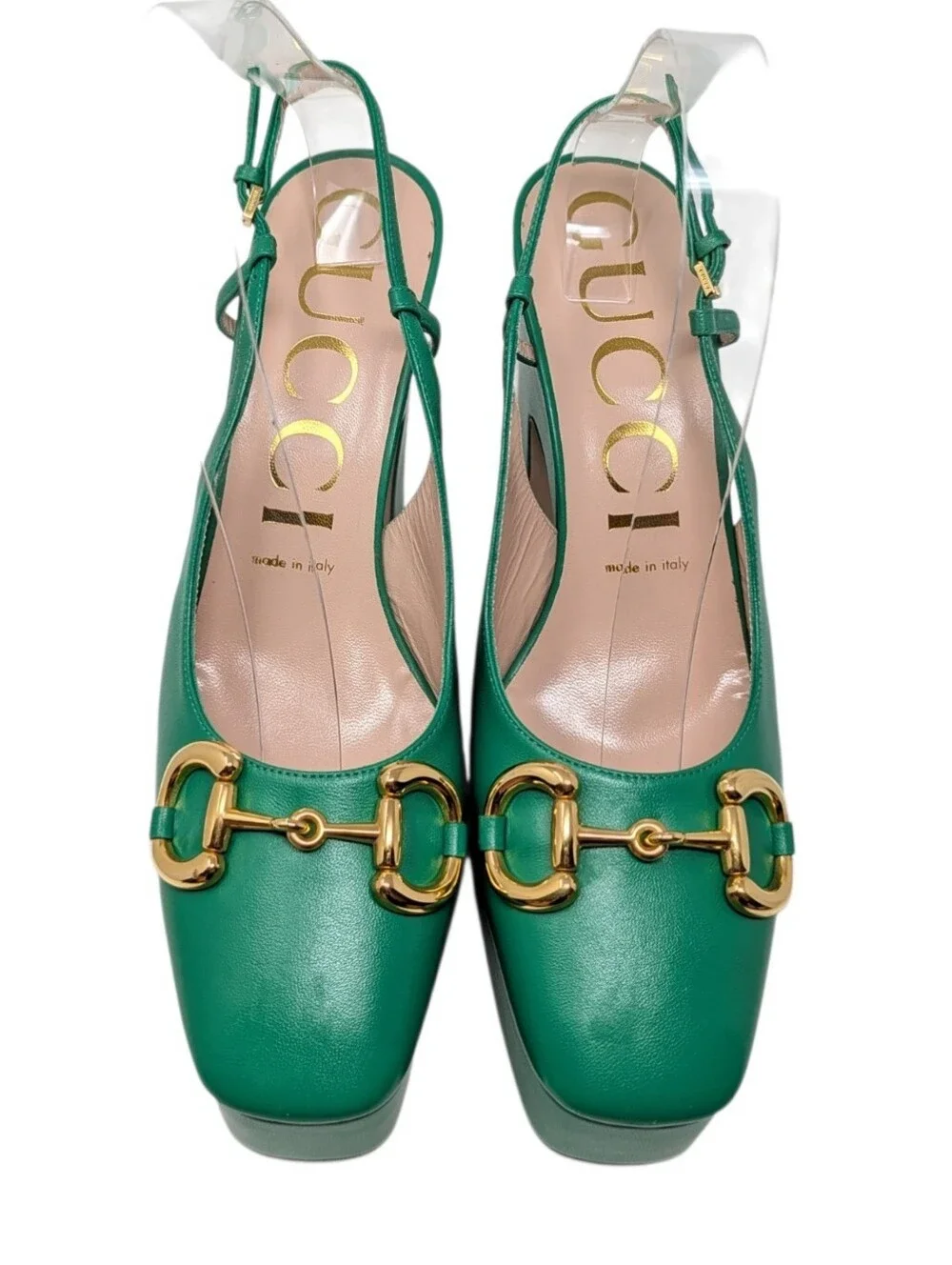 NEW Gucci Green Horsebit Platform Slingback Chunky Block Heel Pumps Size EU 39.5